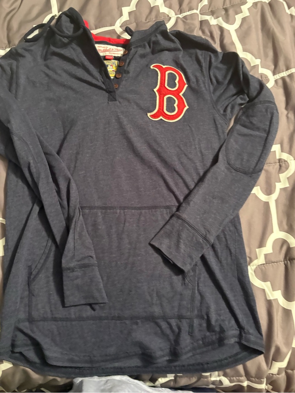 Mitchell & Ness Navy Hooded Henley with Red 'B' Patch